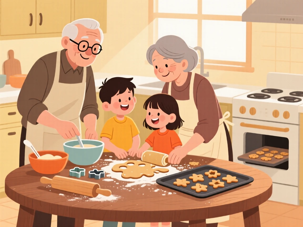 Grandparents and grandchildren baking cookies together in a warm kitchen.