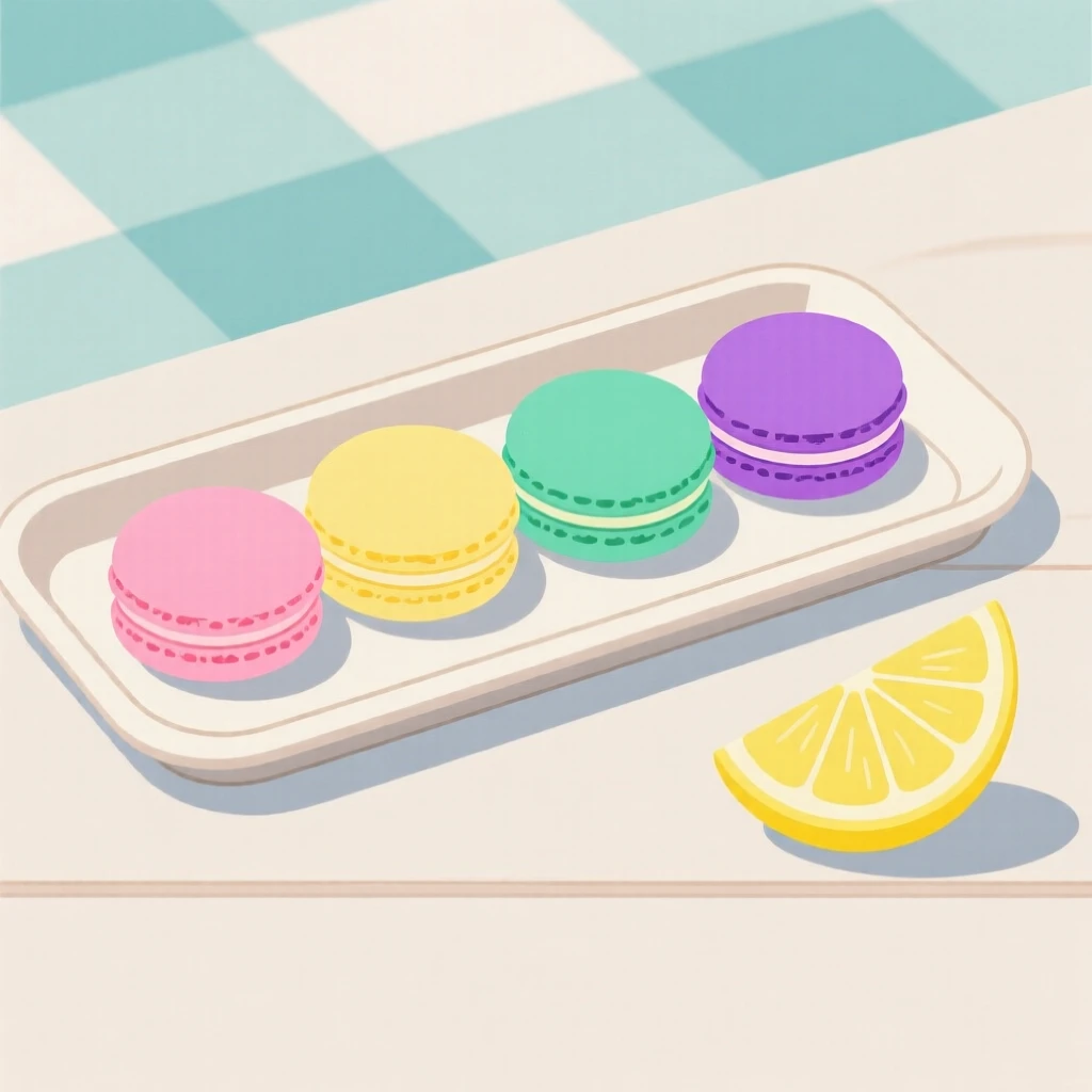 A homemade tray of colorful macarons cooling near a slice of lemon on an outdoor picnic setting, expressing festive celebration.
