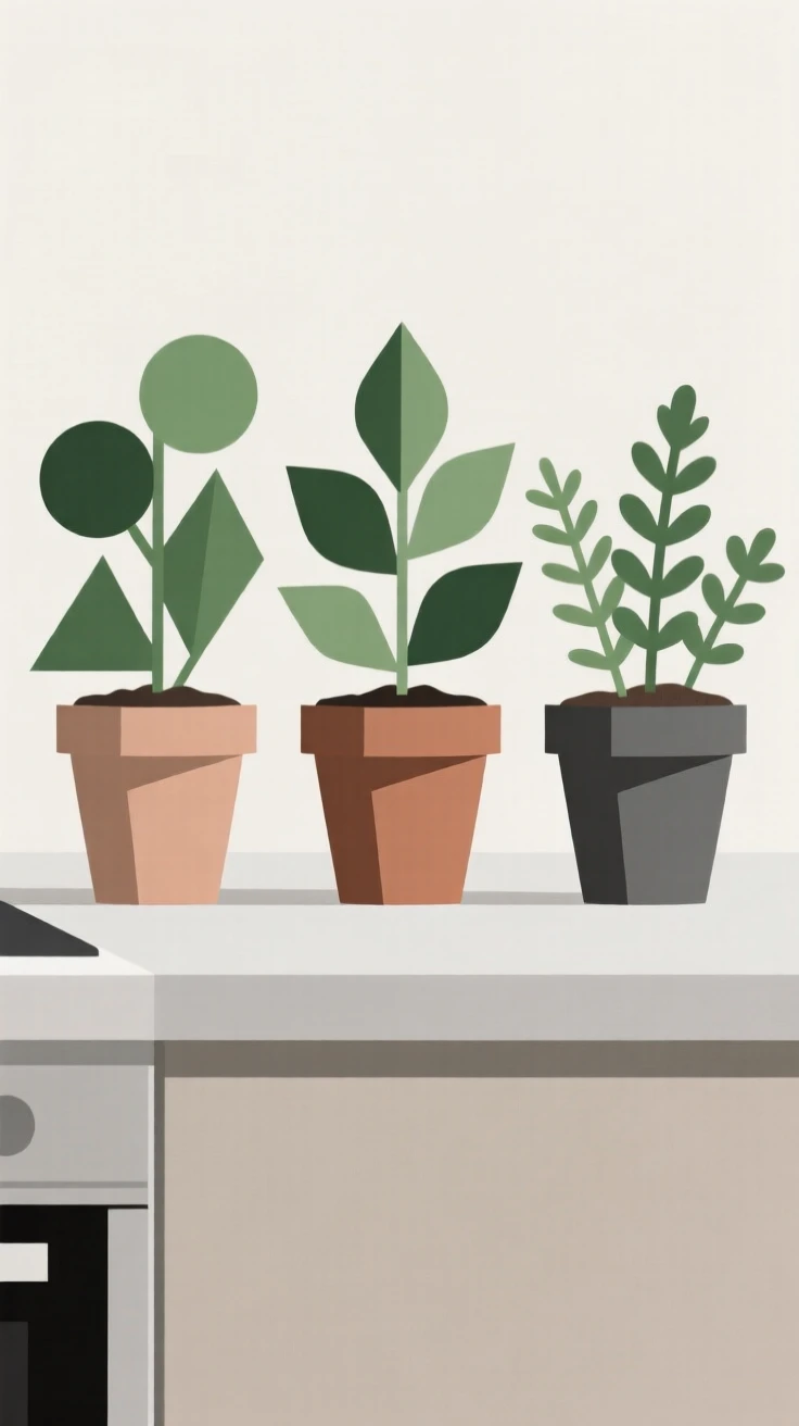 A kitchen counter with fresh herbs in pots