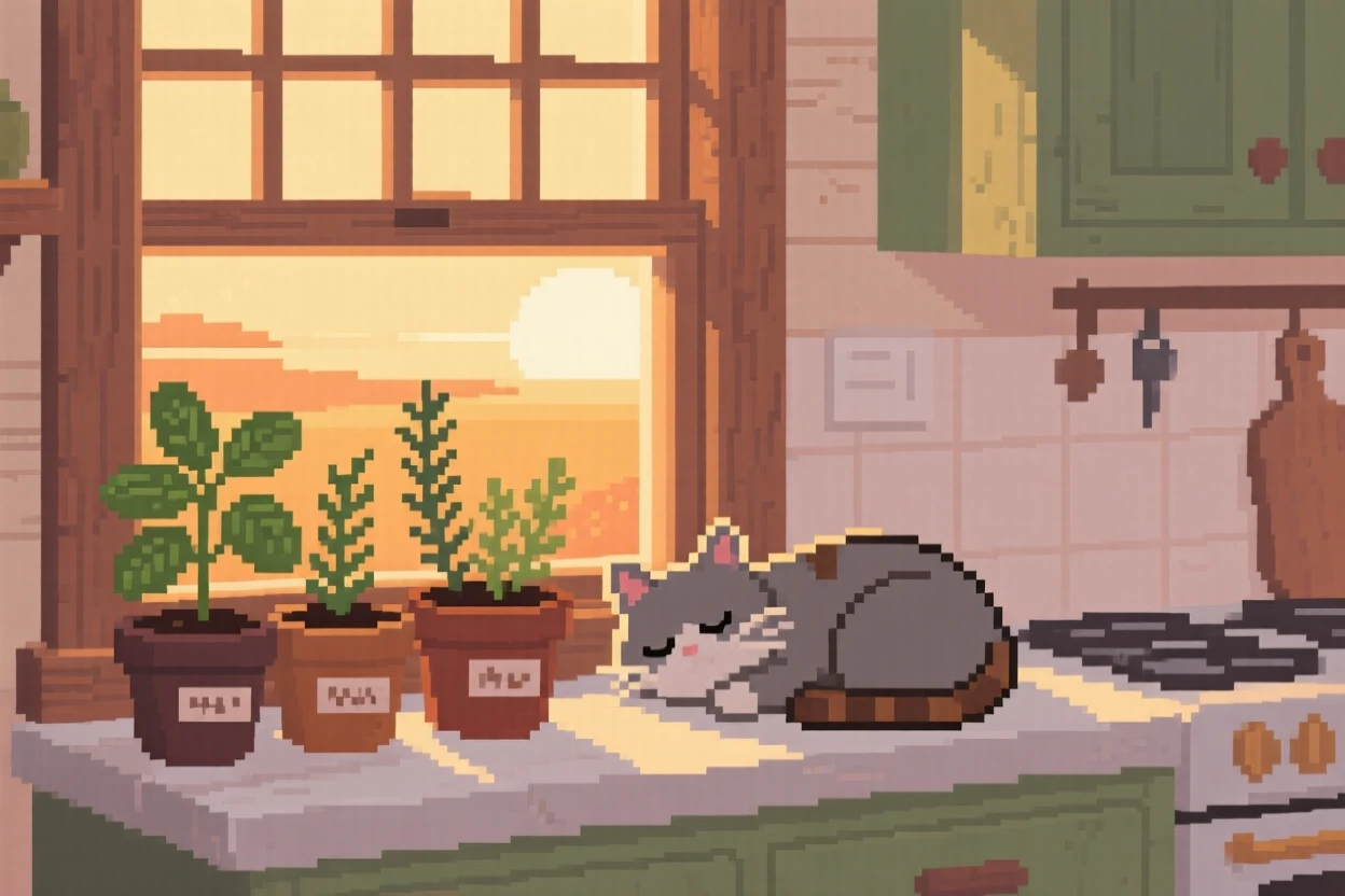 A windowsill herb garden holding a sleeping cat curled in sunlight, in a farmhouse kitchen at sunrise.