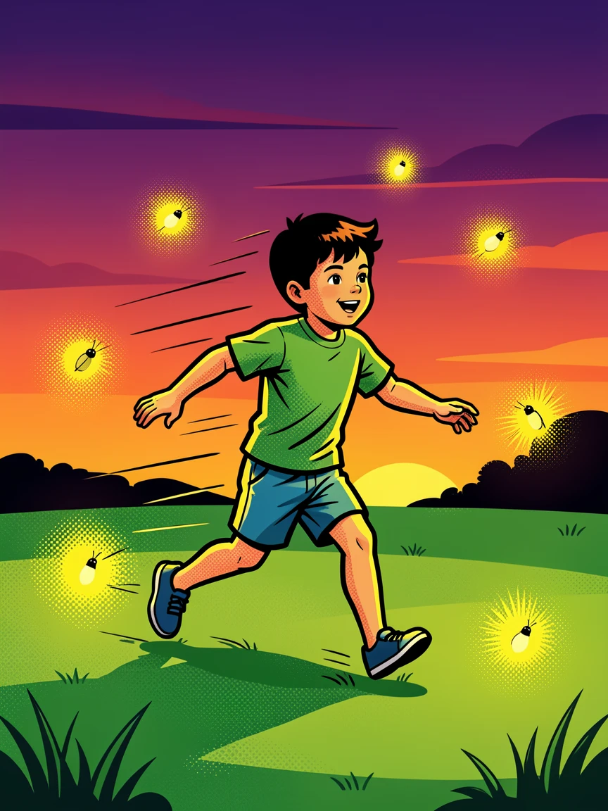A child chasing fireflies across a warm summer lawn at dusk