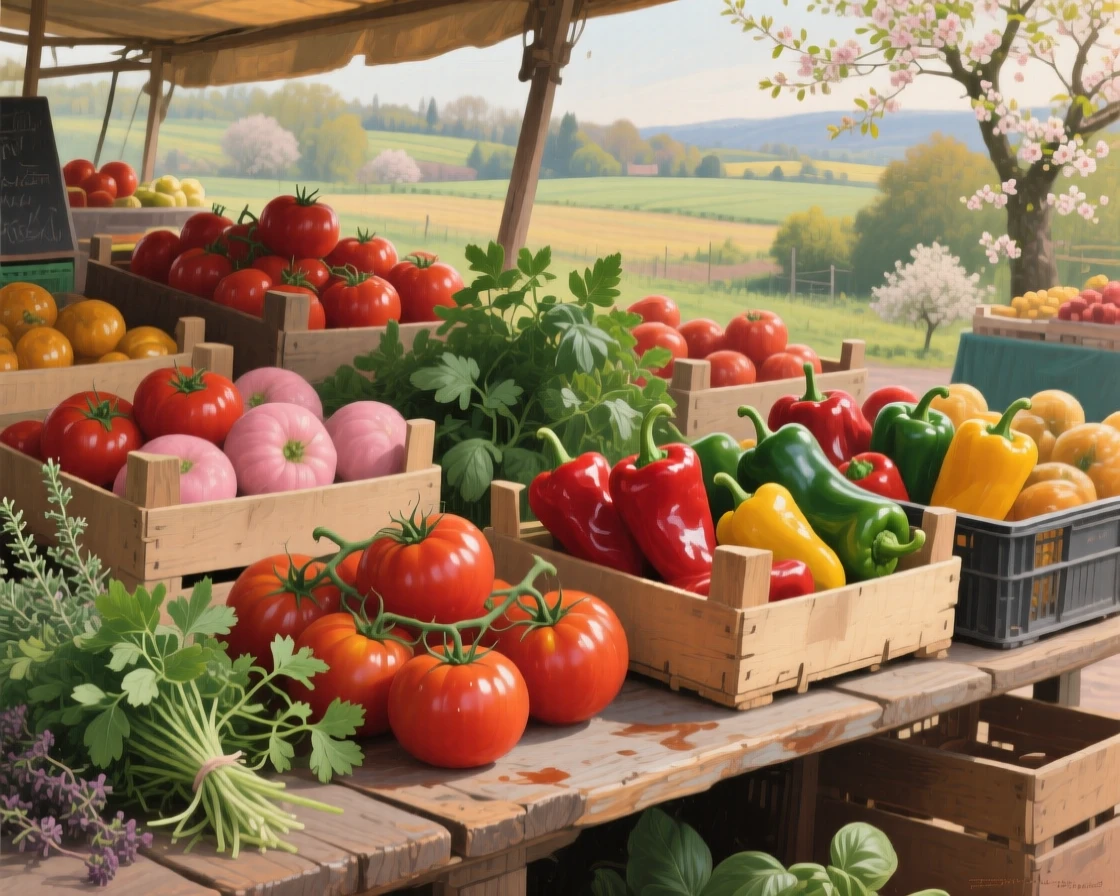 A close-up portrait of a market stall overflowing with ripe tomatoes, peppers, and herbs, in the French countryside, in early spring.