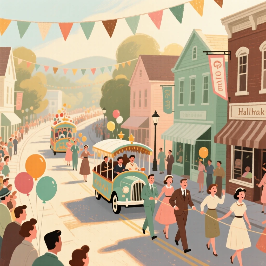 A festive parade winding through a decorated small-town street