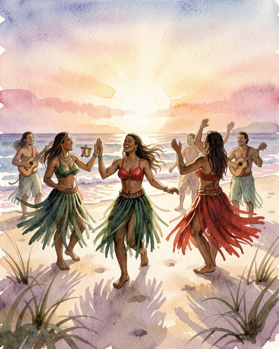 A Native Hawaiian hula performance on a beach at sunset with joyful music filling the air.