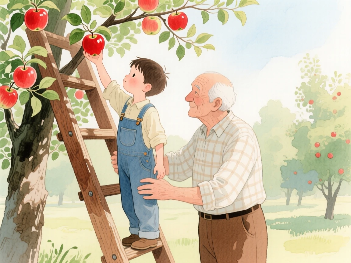 A little boy in overalls picks apples with his grandfather from a wooden ladder in an orchard
