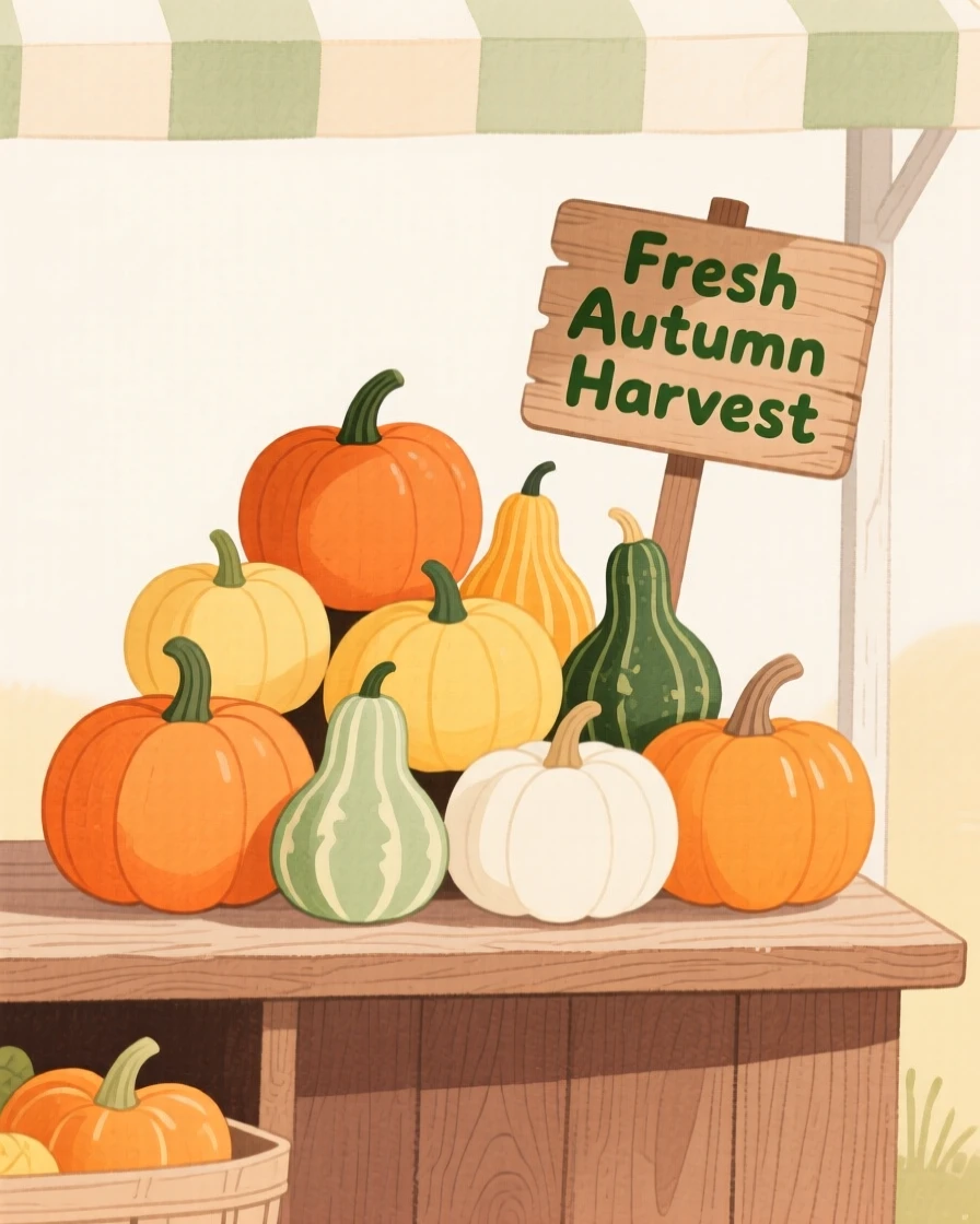 A gentle still-life scene featuring a stack of pumpkins and gourds at a farm stand.