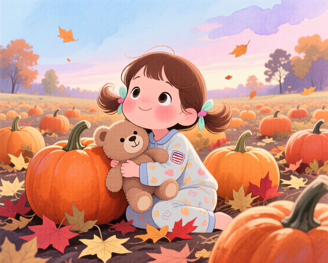 A little girl in pigtails hugging a stuffed animal tightly at bedtime, in a pumpkin patch under a crisp autumn sky, radiating sweetness and gentle curiosity.