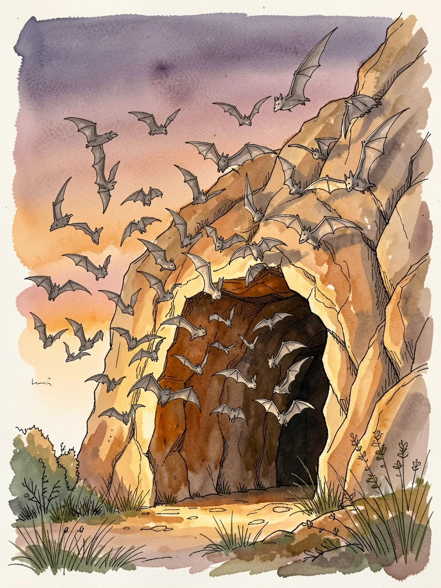 A colony of bats swirling out from a cave entrance at dusk, the golden light of late afternoon warming the scene.