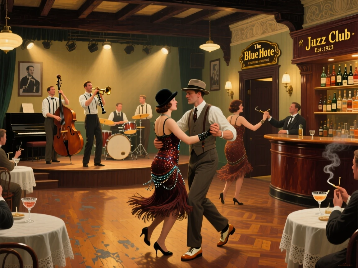 A 1920s jazz club filled with dancers and the glow of warm stage lights, with rich period-accurate clothing, tools, and architecture throughout, bringing a vivid, immersive moment of history to life