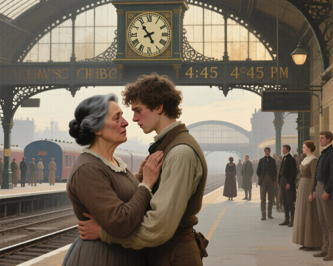 A mother reuniting with her long-lost son at a bustling harbor at the moment hope and fear collide, set at a crowded railway platform beneath a clock tower, with distant figures watching quietly from a respectful distance; the composition uses negative space to emphasize the distance just closed, radiating hope restored after long hardship.