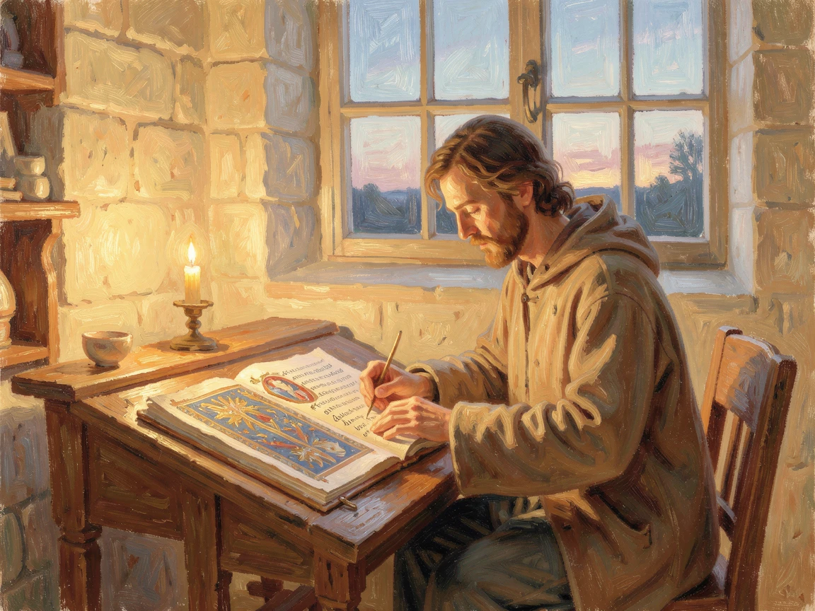 A quiet monastery scriptorium where a monk carefully illuminates a manuscript by candlelight, radiating serenity and gentle stillness.