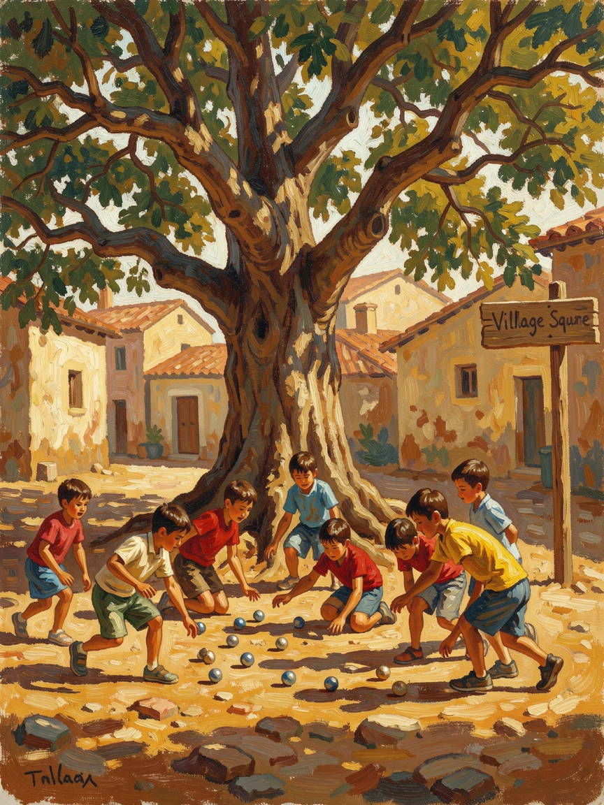 Children playing marbles on a dusty village square beneath the shade of an old tree.