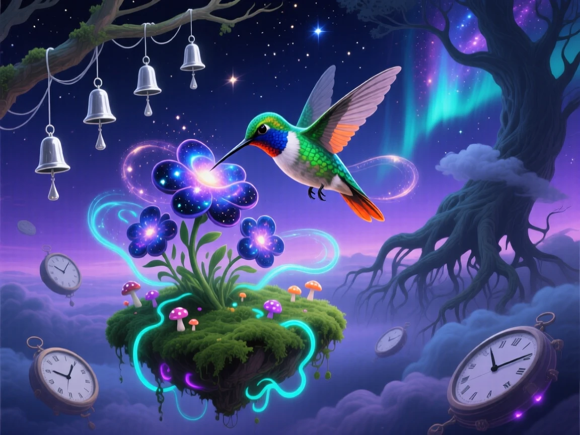 A hummingbird pollinating flowers that bloom into tiny galaxies rests quietly atop a floating patch of green moss, while soft chimes seem to ring with each of its movements.