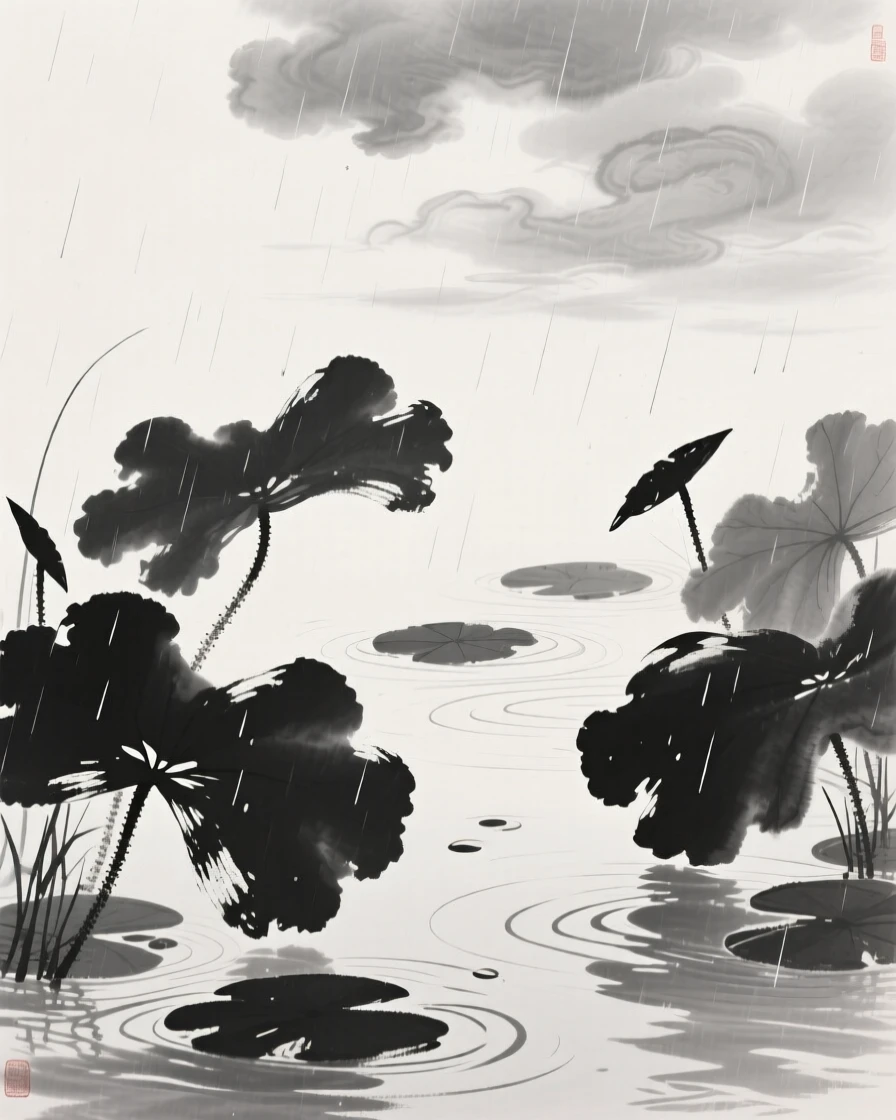 Rain falls gently onto a pond covered with lotus leaves, as the pond reflects a sky full of soft clouds.