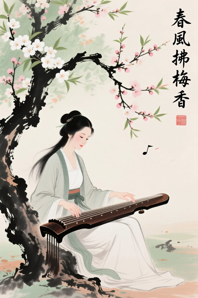A woman playing a guqin beneath a blossoming plum tree, imbued with timeless calm, in early spring, in a warm breeze carrying the scent of blossoms.