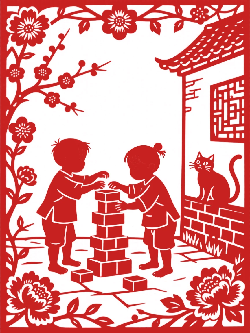 Two barefoot village children, building a small tower of blocks in a courtyard, a cat watching curiously from a garden wall.