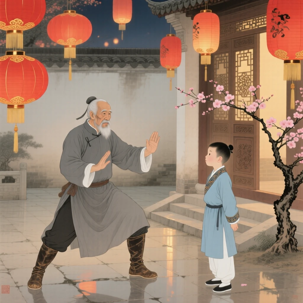 A retired soldier teaching a skill to an eager apprentice in a courtyard filled with lantern light