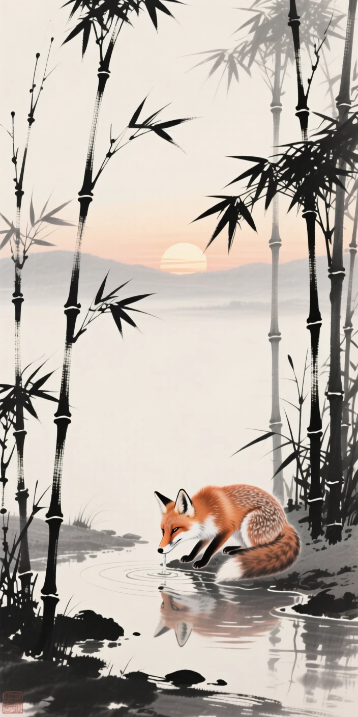 A fox gathered near a watering hole at dawn through a bamboo thicket, seen from a respectful distance within its natural surroundings, suggesting calm alertness within a peaceful world.