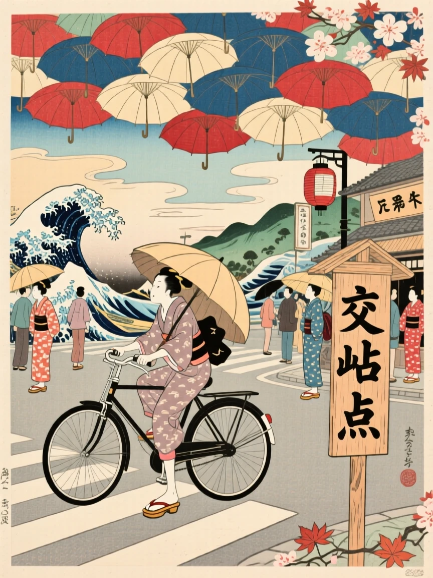 A bicycle rider crossing a busy intersection beneath a canopy of umbrellas.
