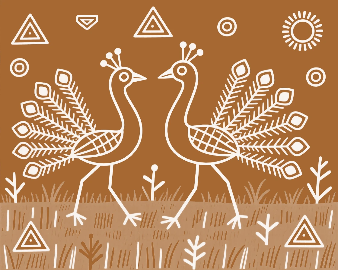 A pair of peacocks wandering across an open grassland.