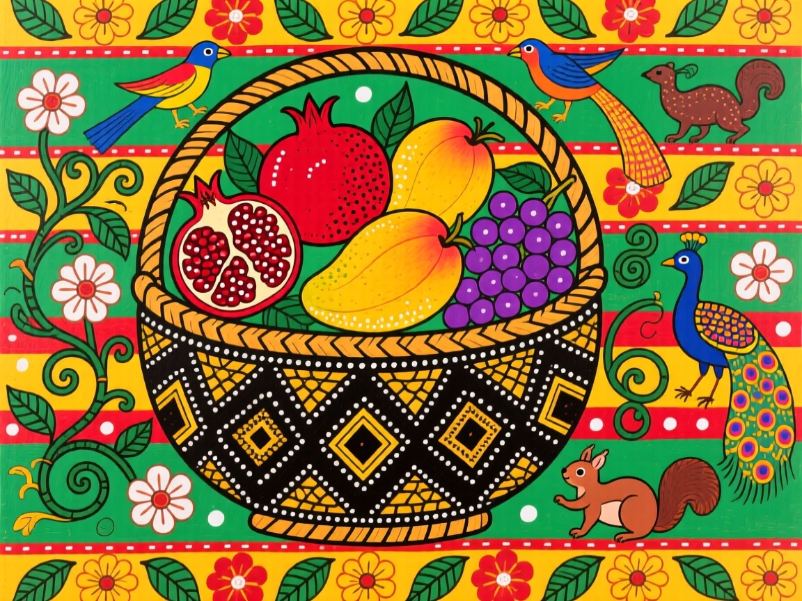 A basket overflowing with pomegranates, mangoes, and grapes at harvest time.