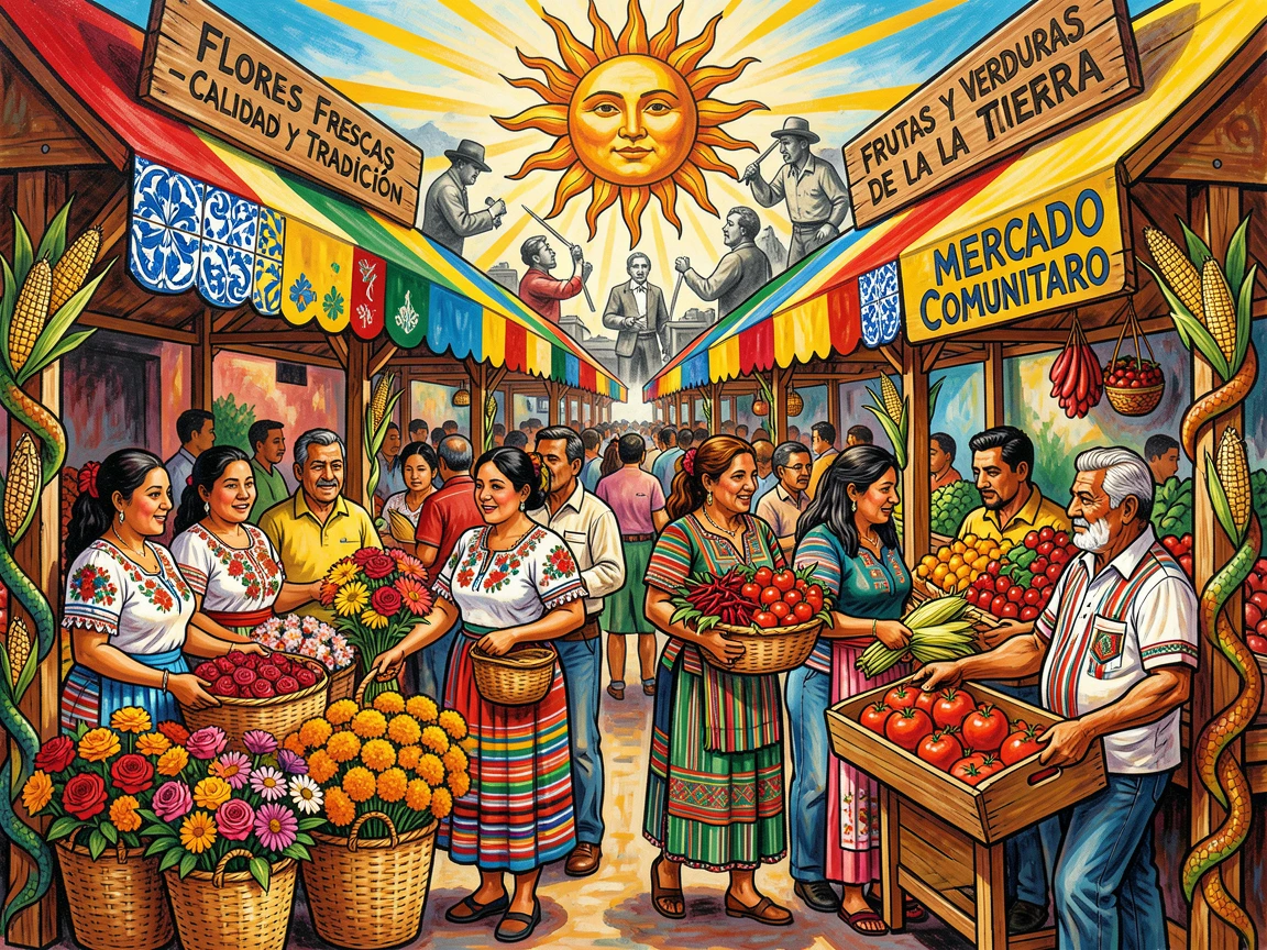 A market of fresh flowers and produce under bright awnings