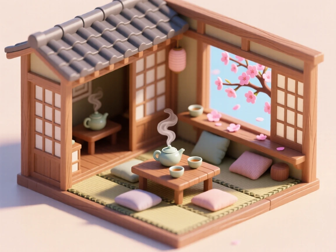 A traditional tea house with steaming teapots on low tables, cushions scattered on tatami mats, and cherry blossoms visible through a window.
