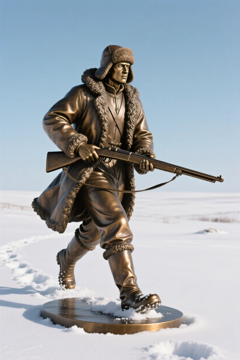 A hunter tracking through fresh snow, set against a vast, open sky, forming a strong central focal point