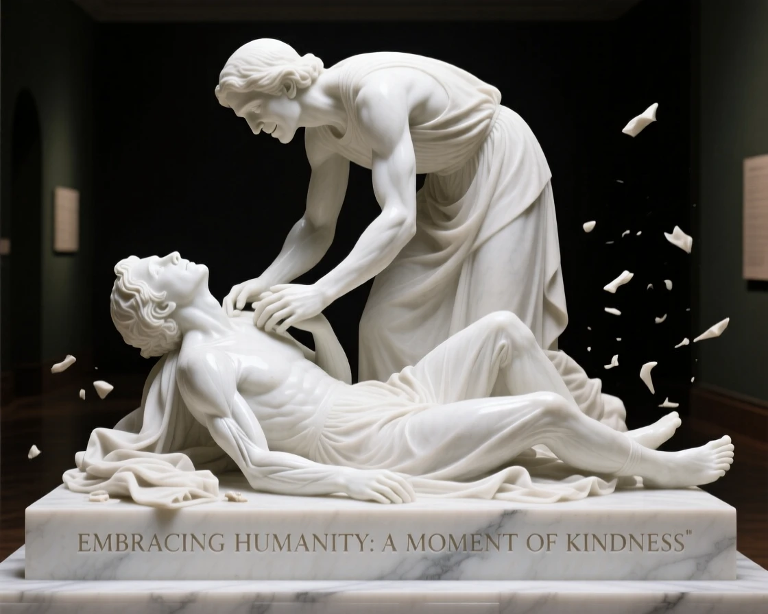 An emotionally powerful scene of someone helping a stranger up after a fall, filled with warmth, tenderness, and connection