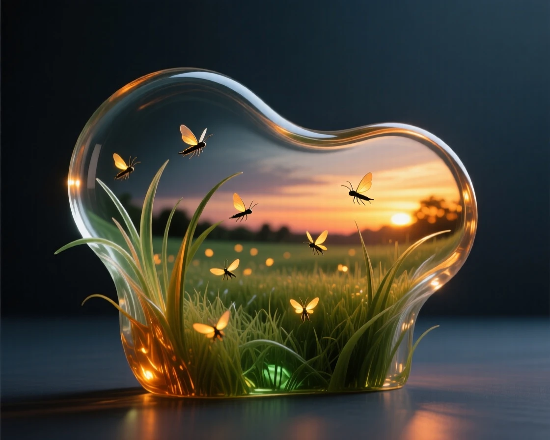 A meadow filled with fireflies at twilight bathed in the warm glow of sunset, rich saturated colors, evoking a deep sense of wonder.
