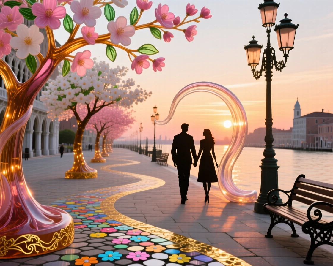 A grand riverside promenade lined with blossoming trees at sunset, romantic and picturesque.
