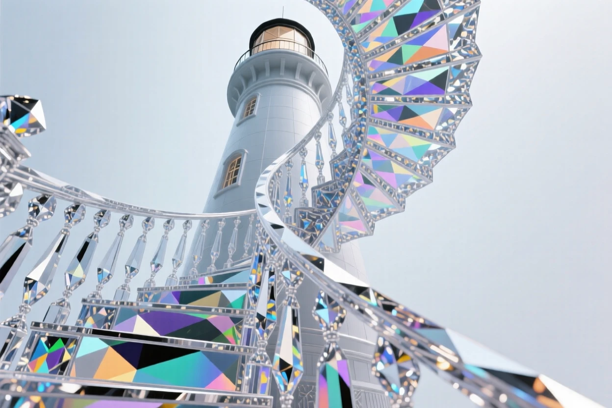 A dramatic spiral staircase inside a lighthouse, viewed from directly below looking up.