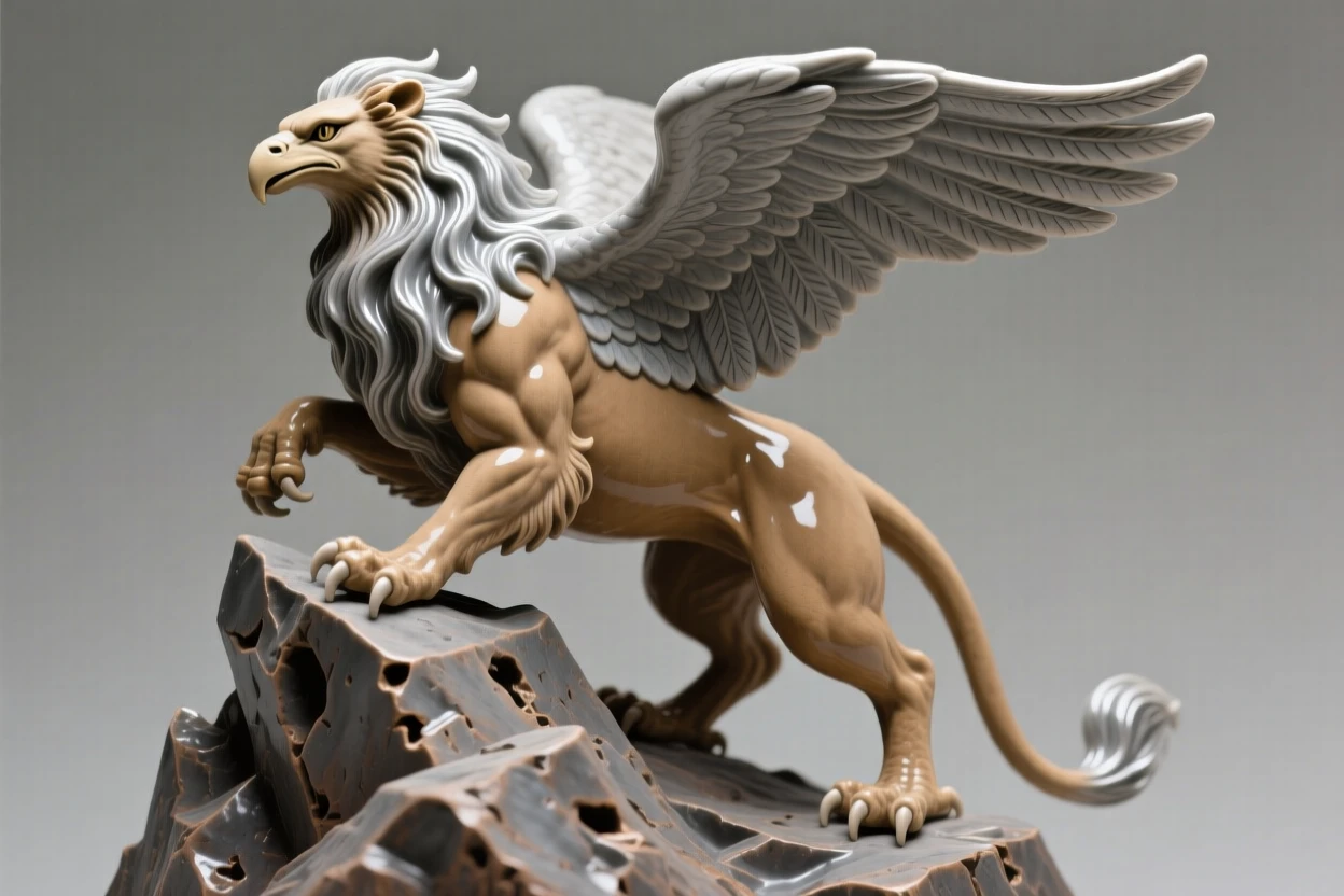 A griffin perched on a craggy peak rearing on hind legs in triumphant display, with a mane that flows like liquid silver, radiating noble power tempered with gentleness.