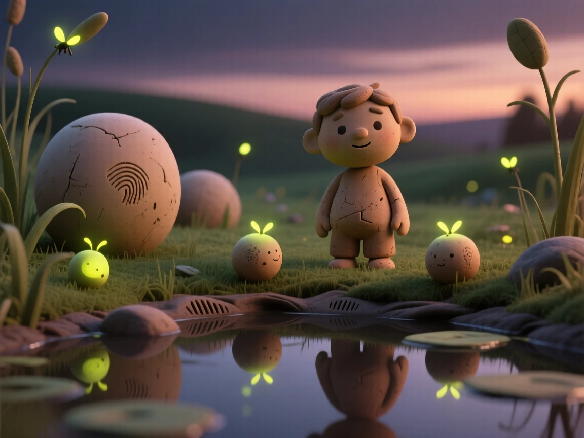 A meadow of fireflies glowing softly at dusk near a quiet pond