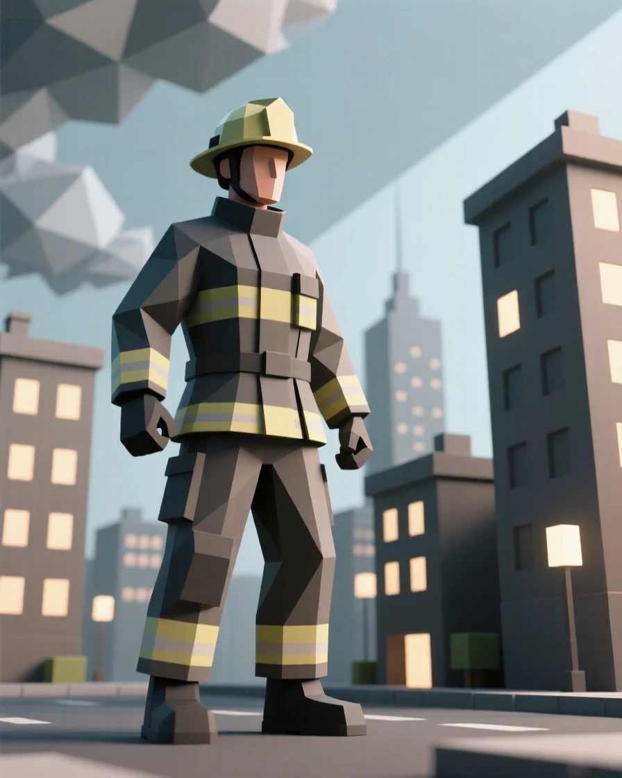 A firefighter standing resolute against a smoky sky, against a backdrop of city lights. the framing emphasizes motion and energy. There is a quiet sense of determination.