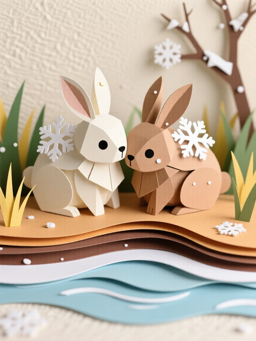 A pair of nuzzling rabbits basking on a warm riverbank, with fresh snowflakes settling on its coat, evoking cozy, heartwarming charm.