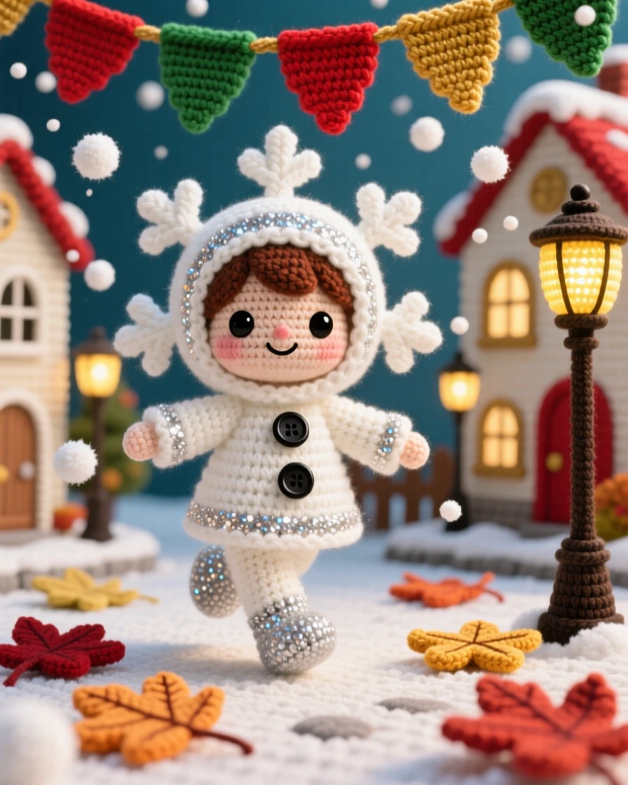 A festive scene of a small child dressed as a snowflake with a sparkly white costume, twirling gently through falling snow within a cheerful town square decorated for a parade; a scattering of fallen leaves or petals nearby, radiating festive excitement and shared celebration.