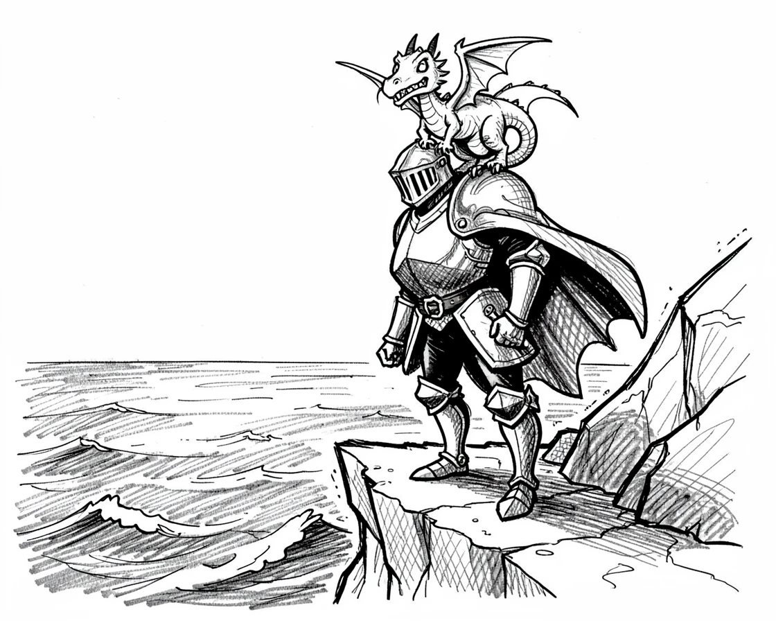 A tiny dragon riding on a knight's shoulder on a cliffside overlooking the sea.