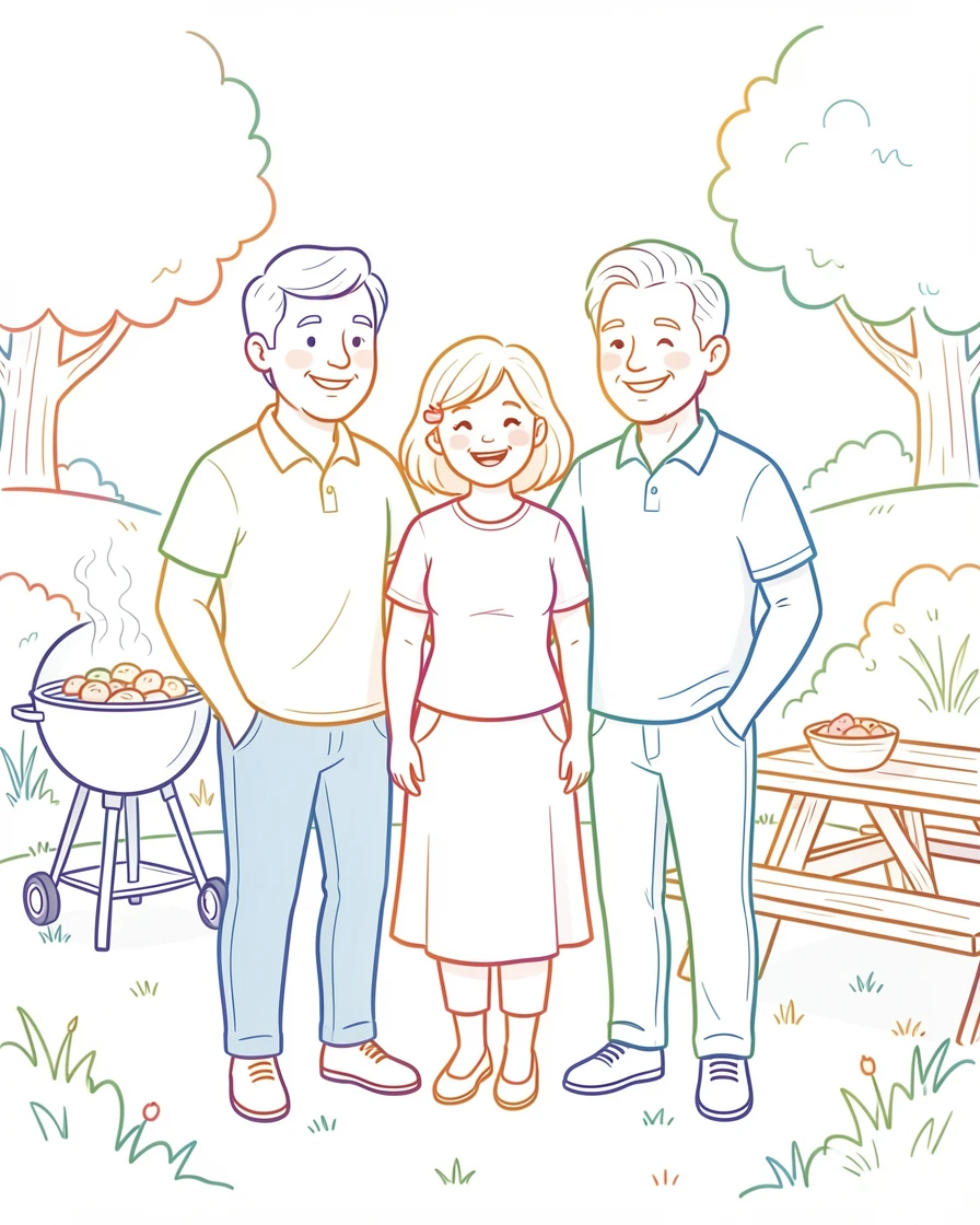 Three generations of a family posing together at a backyard barbecue.