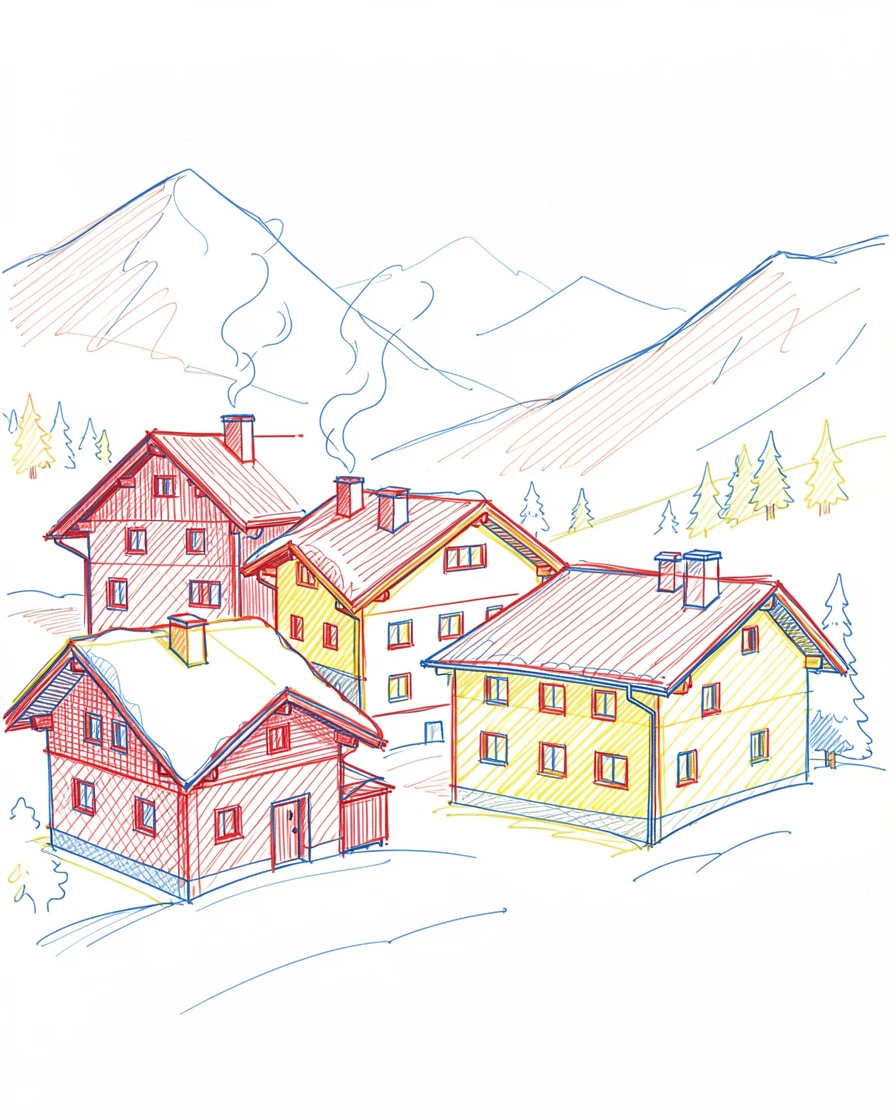 A snow-dusted alpine village with smoke curling from chimney tops