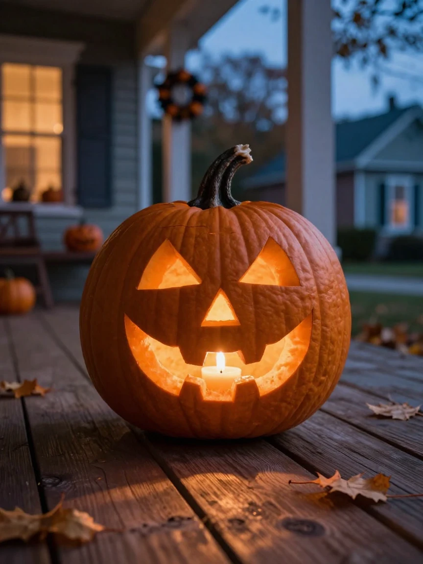 A carved jack-o'-lantern glowing on a porch at Halloween