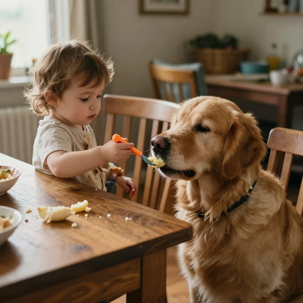 A toddler feeds a spoonful of mashed banana to the family dog under the table.