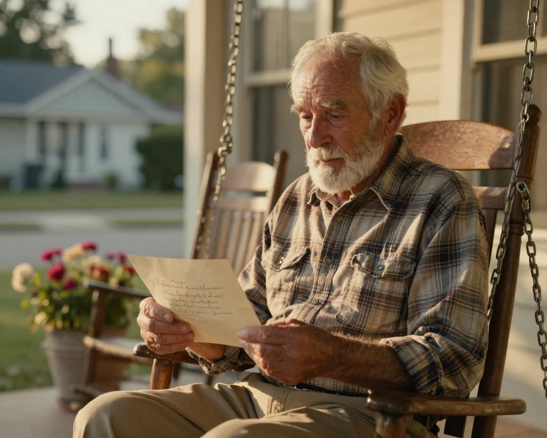 An elderly man reading a letter on a porch swing, memories evident in his expression