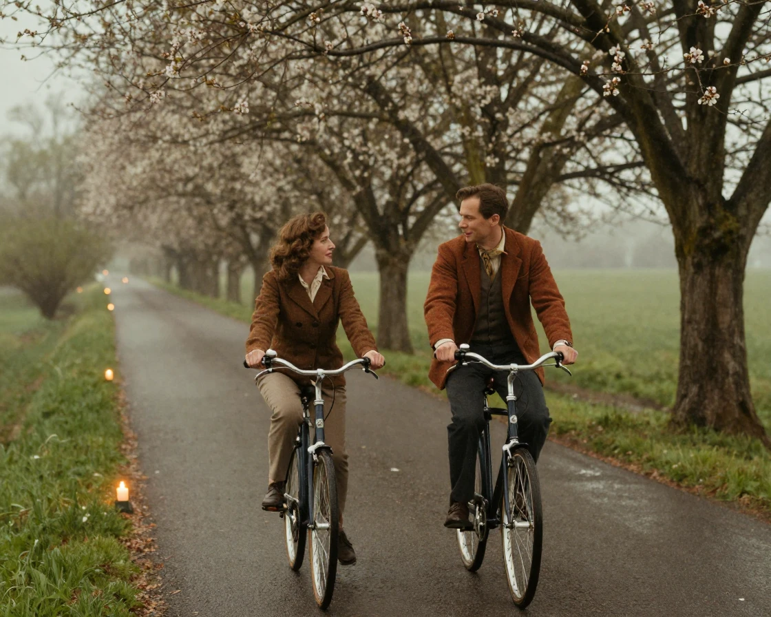A couple cycling side by side along a tree-lined countryside road, under flickering candlelight, under a light drizzle, as spring blossoms unfurl, with muted olive and rust colors, at eye level, intimate and direct.