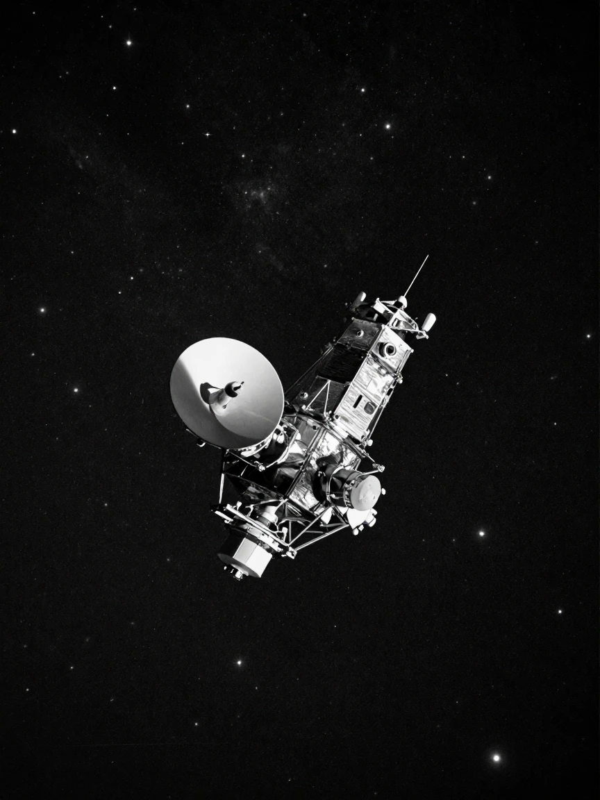 A space telescope drifts silently against a field of stars amid a distant star field.