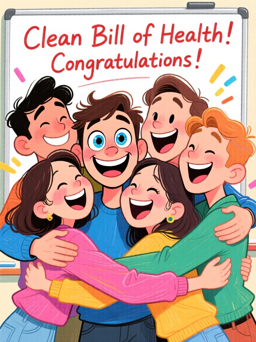 A group of friends celebrating a friend's clean bill of health with a group hug.