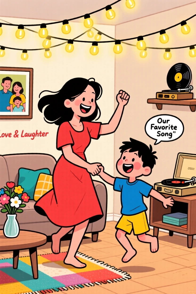 A heartwarming scene of a single mother and her son dancing together in the living room to their favorite song, under a canopy of string lights.