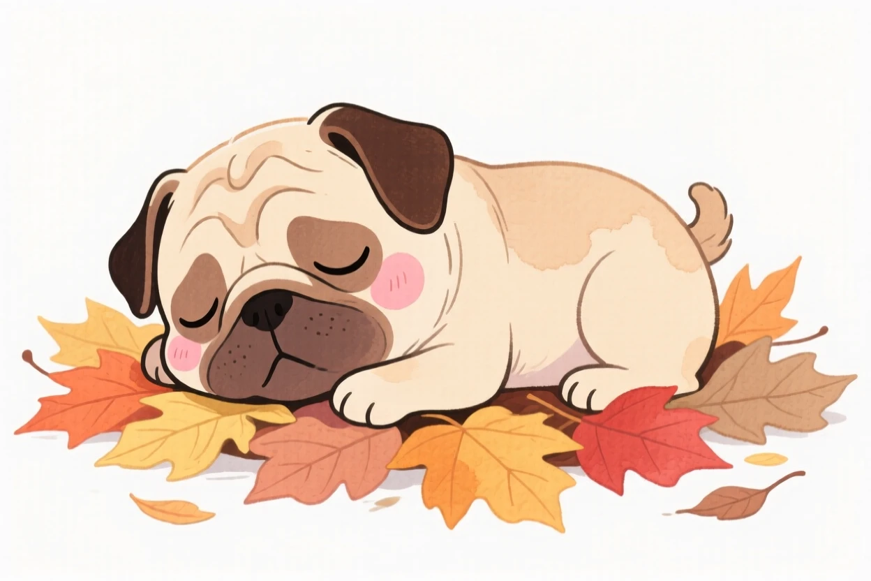 A pug puppy napping on a pile of autumn leaves