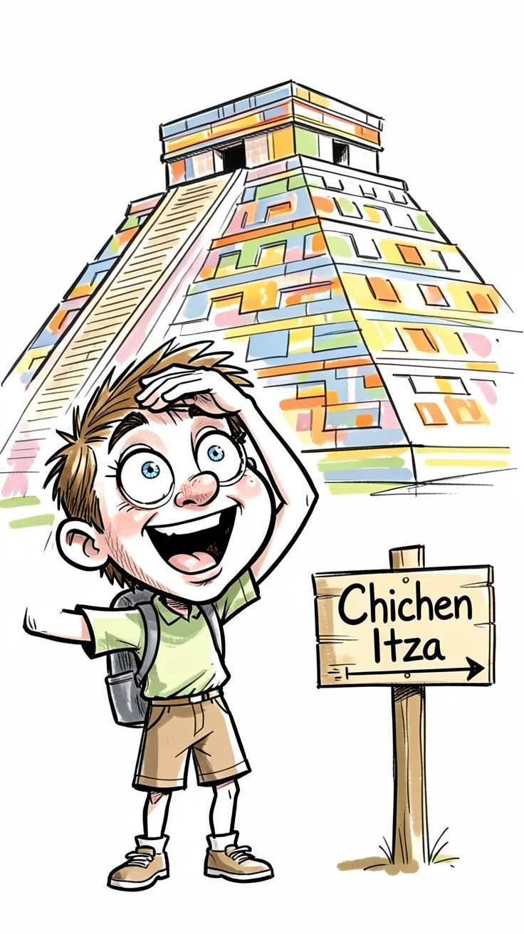 [Travel & Cultural Experiences] Vivid travel scene of a tourist marveling at the colorful Chichen Itza pyramid, full of wonder and adventure