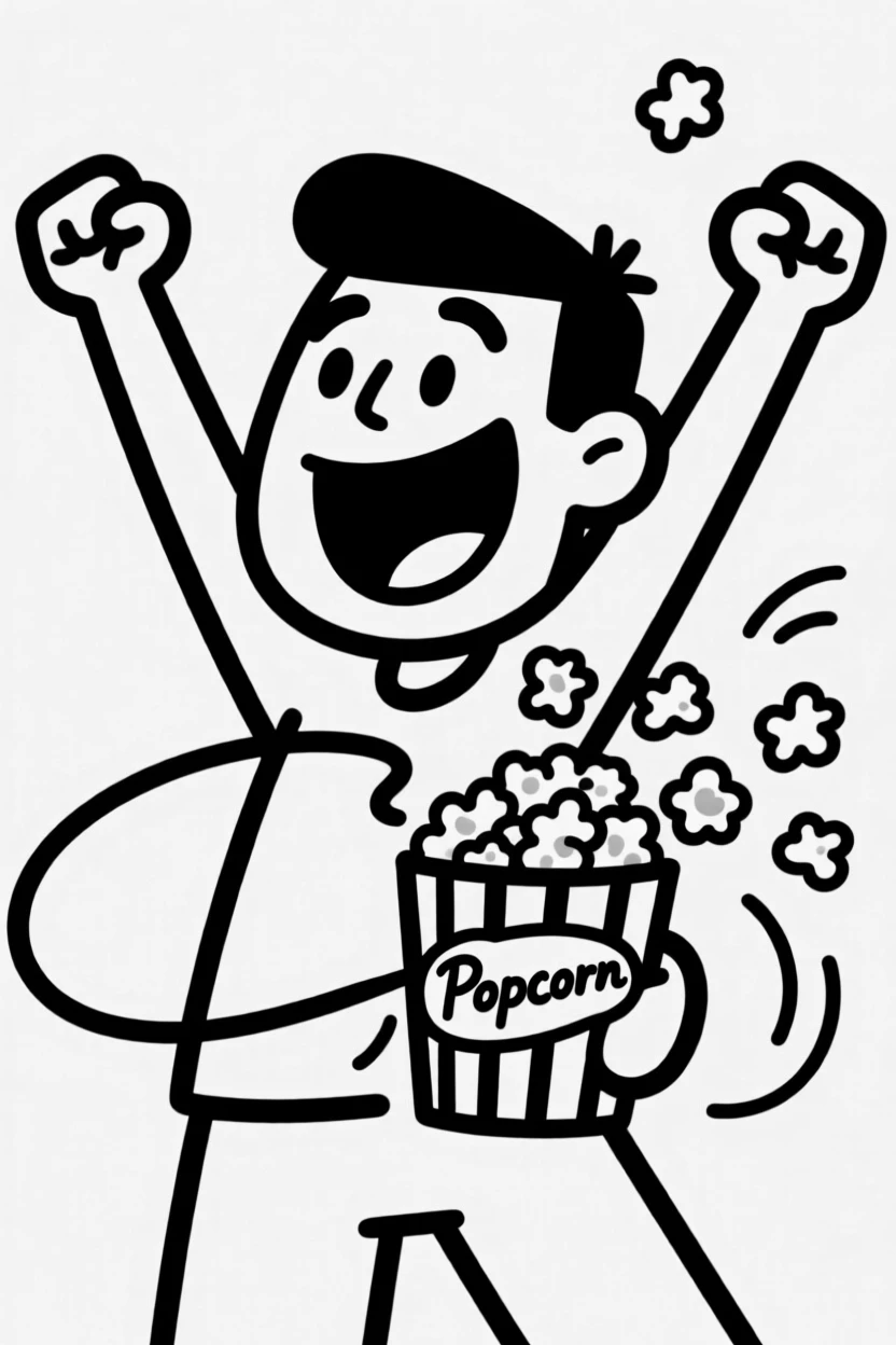 A person celebrating wildly after their team scores, spilling popcorn everywhere.